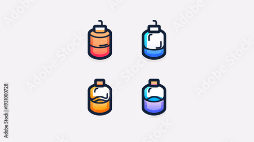 Four stylized bottles, each partially filled with different colored liquid, set against a white backdrop