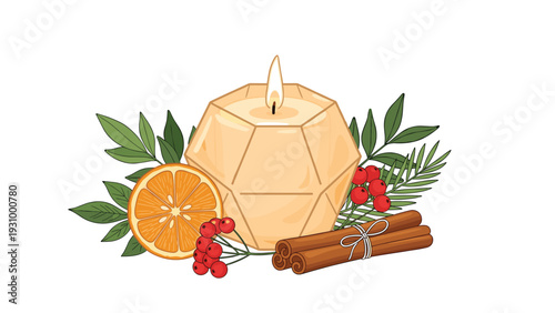 Still life with a geometric candle, an orange slice, red berries, and cinnamon sticks for a cozy winter atmosphere.