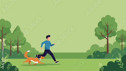 Happy man running with his pet dog in a lush green park with many trees and bushes in a flat vector illustration.