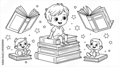 Cute Children Sitting on Giant Flying Books in a Magical Starry Sky Coloring Page