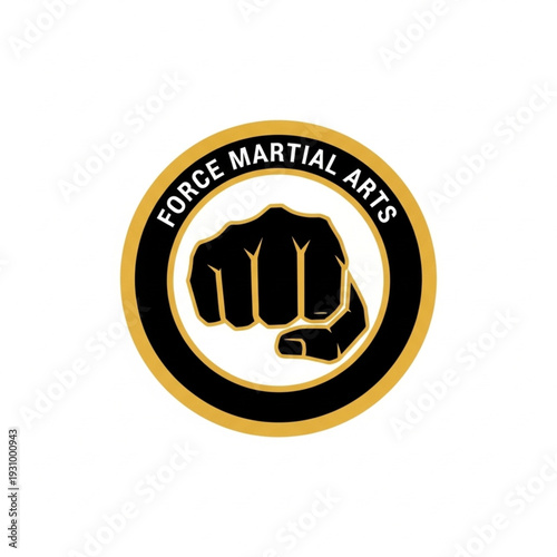 Graphic icon logo featuring a black clenched fist inside a circular frame with gold and black border, labeled "Force Martial Arts"