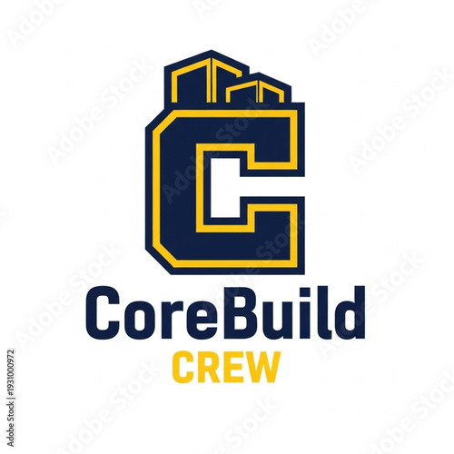 Logo for CoreBuild Crew featuring a stylized letter C incorporating house roof silhouettes, in navy blue and yellow.