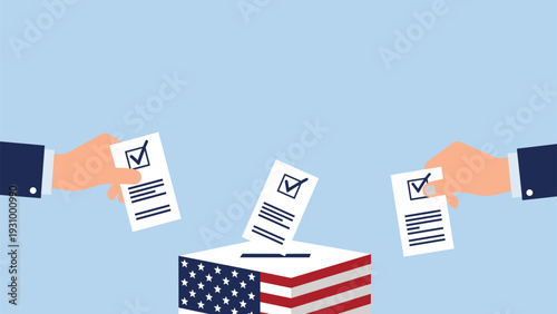 Three hands holding marked voting ballots above a ballot box with the American flag for a democratic national election.