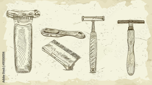 Vintage-style illustration of shaving and grooming tools, sketched on aged paper