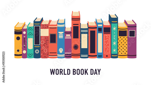 Long row of colorful book spines in various heights and designs for world book day on a clean white background.