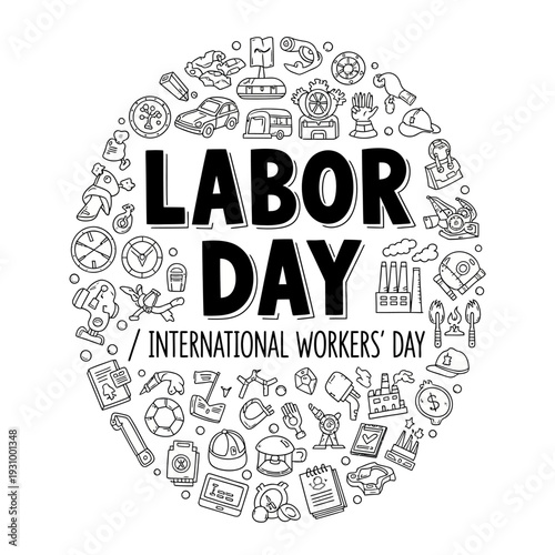 Labor Day celebration illustration featuring icons related to work and industry in a circular arrangement viewed from directly above