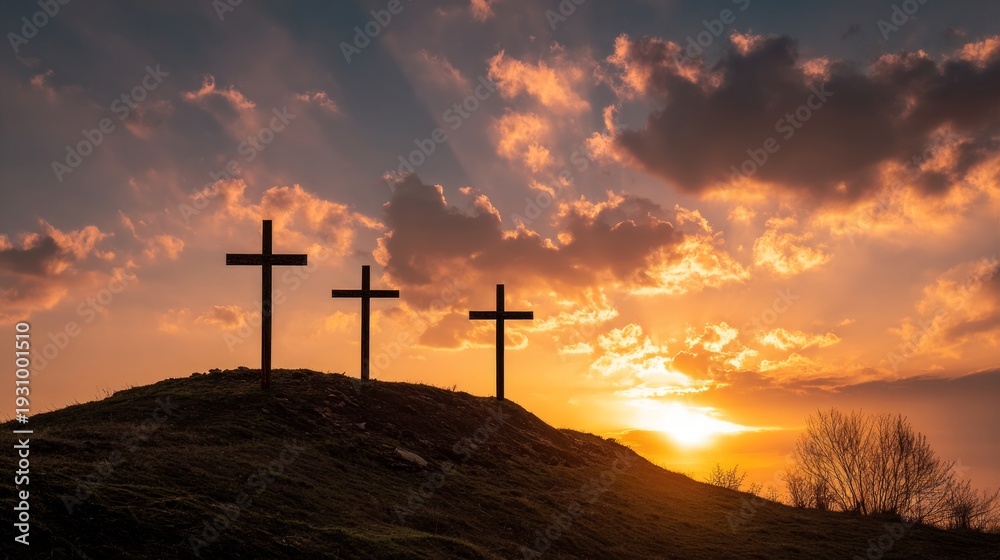 Obraz premium Tranquil Sunset with Three Crosses Silhouetted Against Vibrant Sky