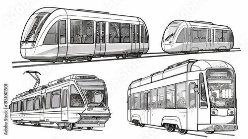 Black and white illustration of four different modern trams, viewed from side profiles