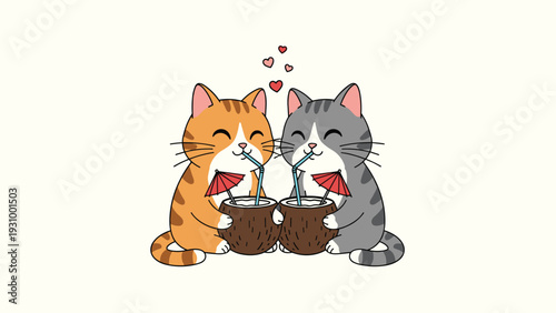 Cute orange and grey cats sharing coconut drinks with straws and umbrellas in a romantic tropical holiday illustration.