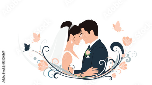 Elegant wedding couple silhouette illustration featuring bride and groom in a romantic embrace with floral swirls and butterflies.