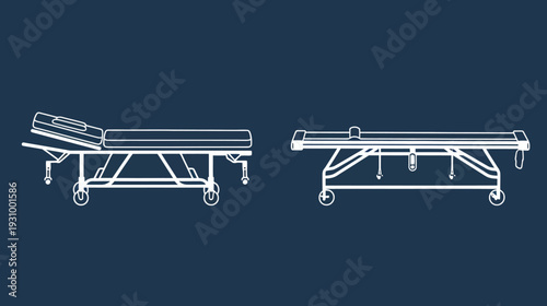 Two medical stretchers, white outline, on a dark blue background. One raised, one flat