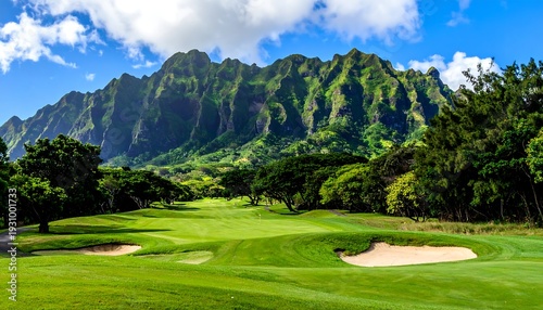 Scenic golf course nestled beneath majestic mountain range.