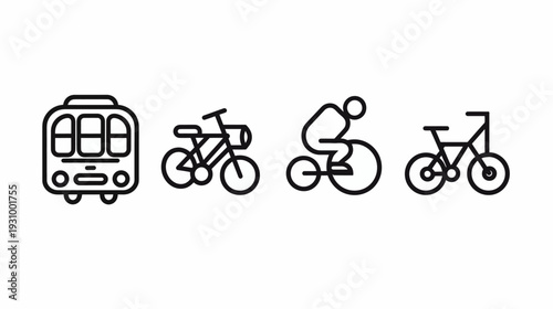 Linear graphic representation of a bus, a bike, a cyclist, and a bicycle on a white background