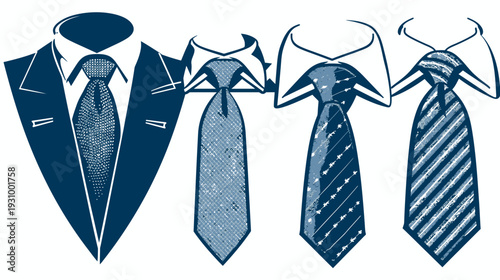 Illustration of business attire featuring multiple ties in shades of blue and white, and a suit