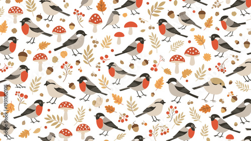 Seamless autumn pattern with bullfinches, forest birds, mushrooms, colorful fall leaves, and berries on a white background.