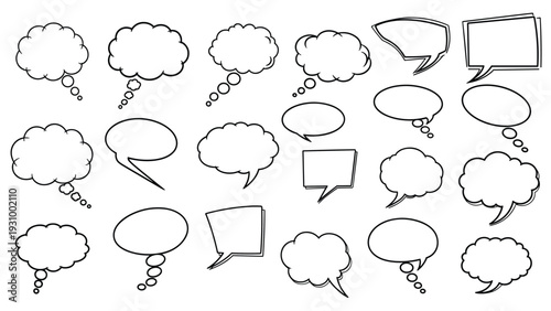 Large set of hand drawn empty speech and thought bubbles for comic books, cartoons, and social media communication illustrations.