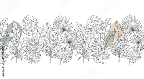 Seamless Tropical Plants Line Horizontal Pattern with Elegant Minimal Outline Style
