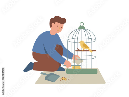 Man feeding a canary in a cage.