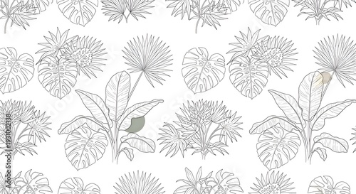 Seamless Tropical Plants Line Horizontal Pattern with Elegant Minimal Outline Style