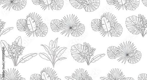 Seamless Tropical Plants Line Horizontal Pattern with Elegant Minimal Outline Style