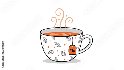 Hot cup of tea with a decorative leaf pattern and a tea bag featuring steam curls for a cozy and relaxing drink illustration.