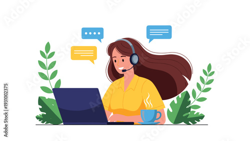 Friendly customer service representative working on a laptop with a headset and a cup of coffee surrounded by green leaves.
