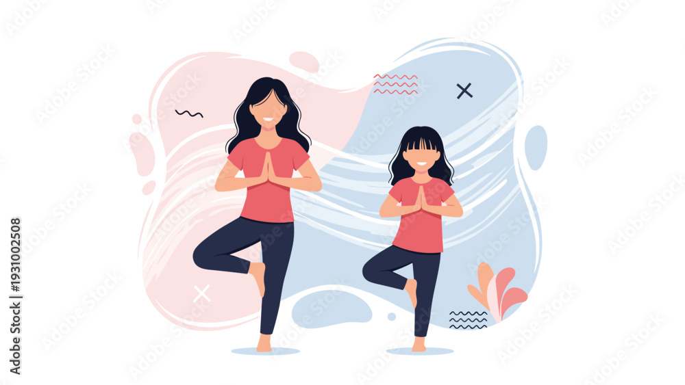 Fototapeta premium Mother and daughter practicing yoga tree pose together in a peaceful domestic setting with abstract floral background elements.