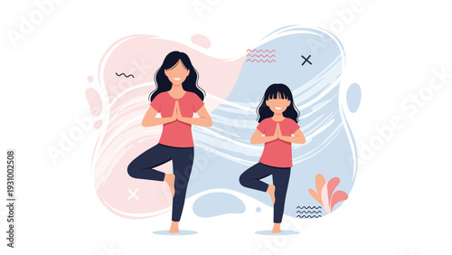 Mother and daughter practicing yoga tree pose together in a peaceful domestic setting with abstract floral background elements.