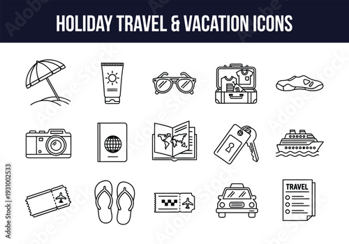 Holiday travel and vacation icons set for planning and adventure
