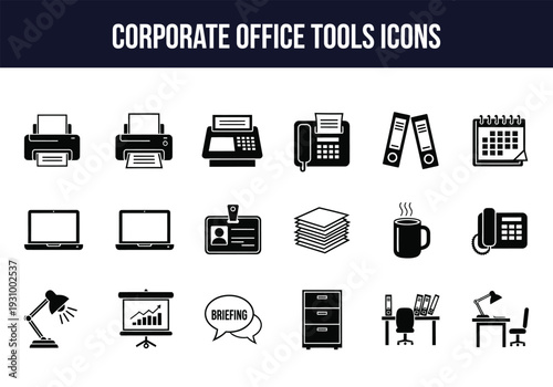 Corporate office tools icons set
