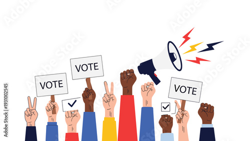 Group of diverse hands raised holding vote signs and a megaphone to encourage voting and civic engagement during an election.