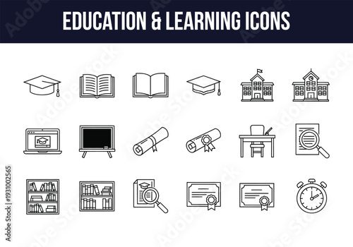 Education and learning icons set for academic and educational institutions