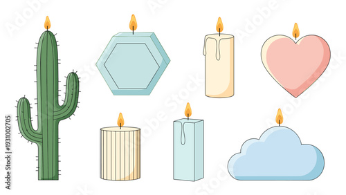 Set of various decorative candles in shapes like a heart, cloud, cactus, and hexagon for home decor and aromatherapy gifts.