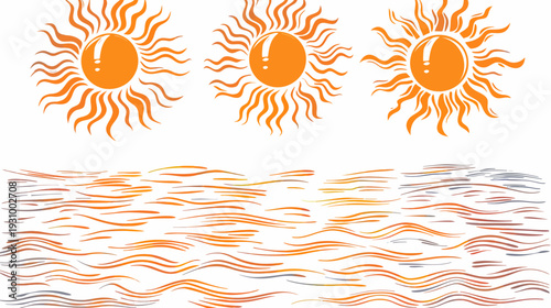 Three stylized suns with exclamation points above wavy lines suggestive of a sunset over water