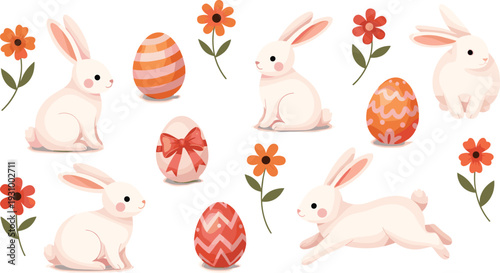 Minimalist Easter Rabbit Collection with Cute White Bunnies, Decorative Patterns on Eggs, and Red Spring Flowers for Modern Festive Branding and Seasonal Graphics