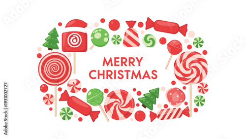 Festive Merry Christmas wreath made of candies, lollipops, peppermint sweets, and small evergreen trees on a white background.
