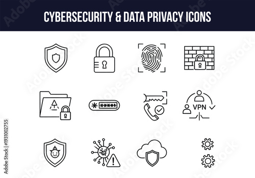 Cybersecurity and data privacy icons set for secure digital concepts