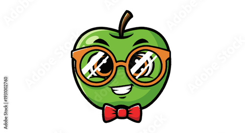 Cartoon Apple Character Wearing Glasses Bowtie.