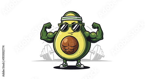 Cartoon Avocado Character Showing Muscles.