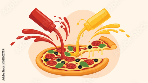 Tasty pizza topped with tomatoes, olives, and basil being drizzled with red ketchup and yellow mustard from squeeze bottles.