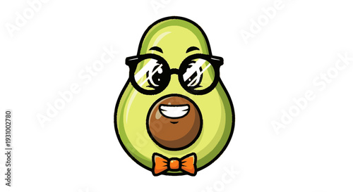 Cartoon Avocado Character Wearing Glasses Bowtie.