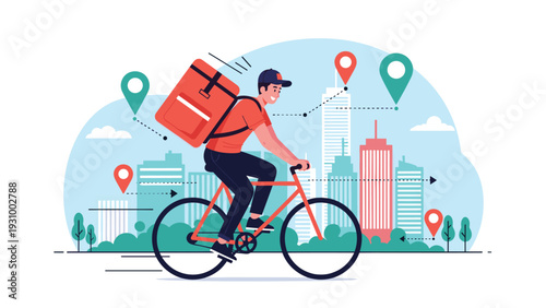Delivery man on a red bicycle with a thermal backpack riding through a city with green parks and location pin icons for tracking.
