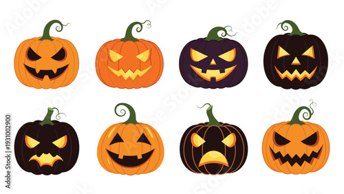 Set of various carved halloween pumpkins with different spooky and funny faces on white background for holiday decoration.