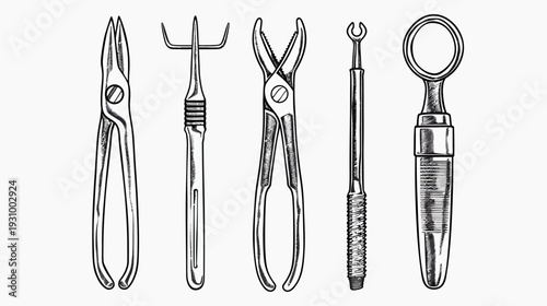 Illustration of vintage dental tools in a row, featuring pliers, probes, and a mirror