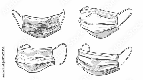 Four stylized renderings of face coverings in differing angles, showing ear loops and pleats, with a grunge texture