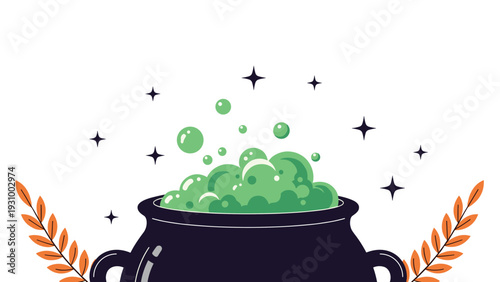 Witches black cauldron with bubbling green potion and magic stars surrounded by wheat ears on white background.