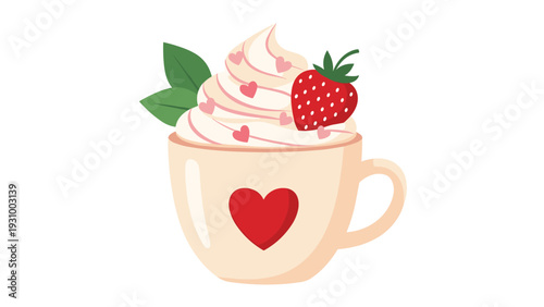 Cute cup of hot chocolate with whipped cream a strawberry and heart shapes for valentines day or romantic gift.