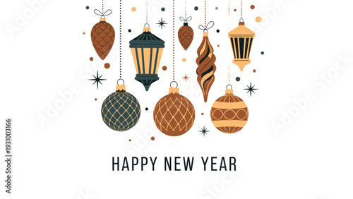 Happy new year greeting card with golden and dark green hanging christmas ornaments and stars on white background.