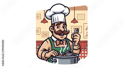 Cartoon Chef Cooking with Utensils in Kitchen.