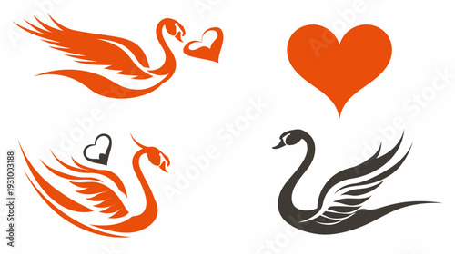 Artistic illustrations feature swans paired with hearts, and simple love symbols